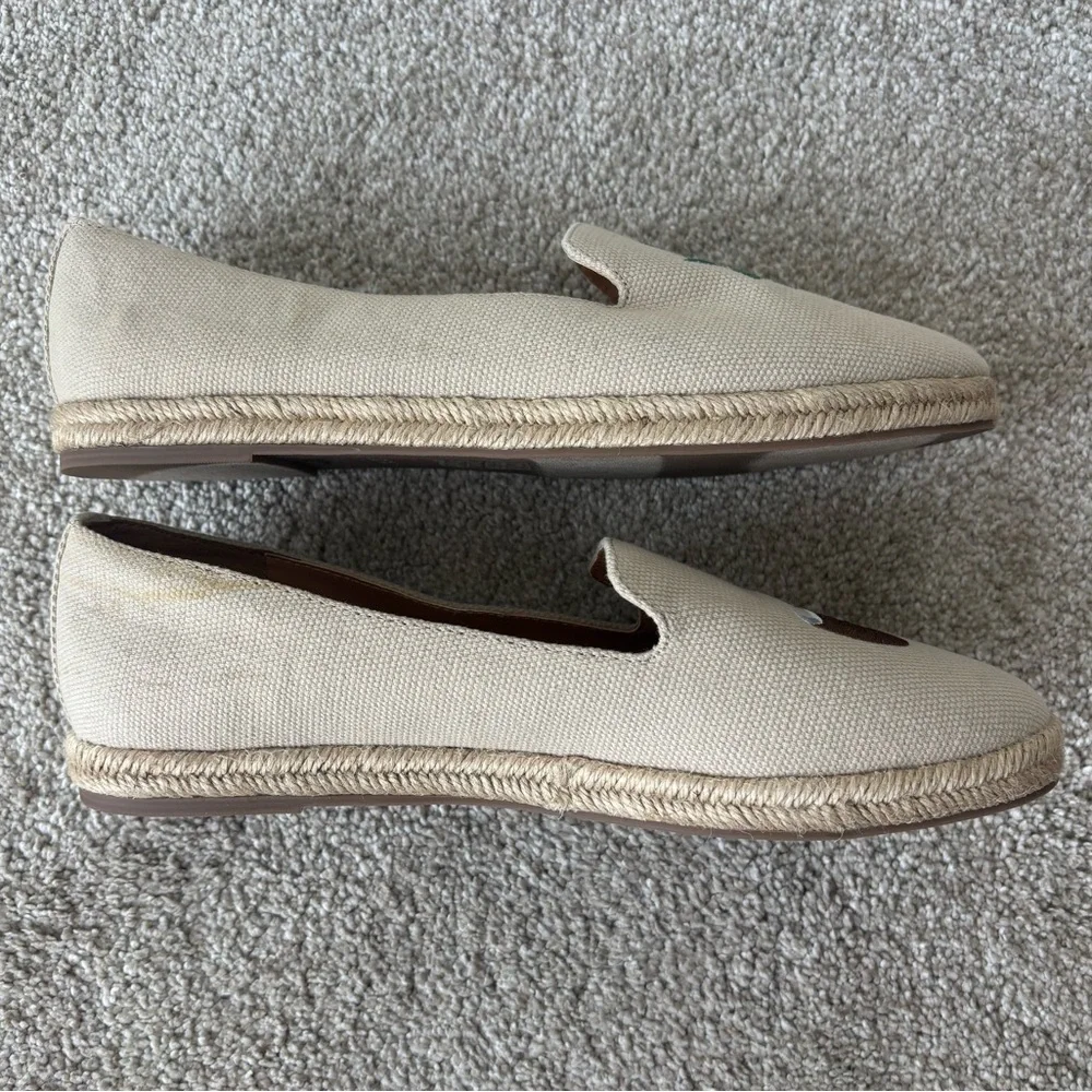 J. Crew Tropical Embroidered Tan Espadrilles Slip On Loafer Palm Tree Cocktail
